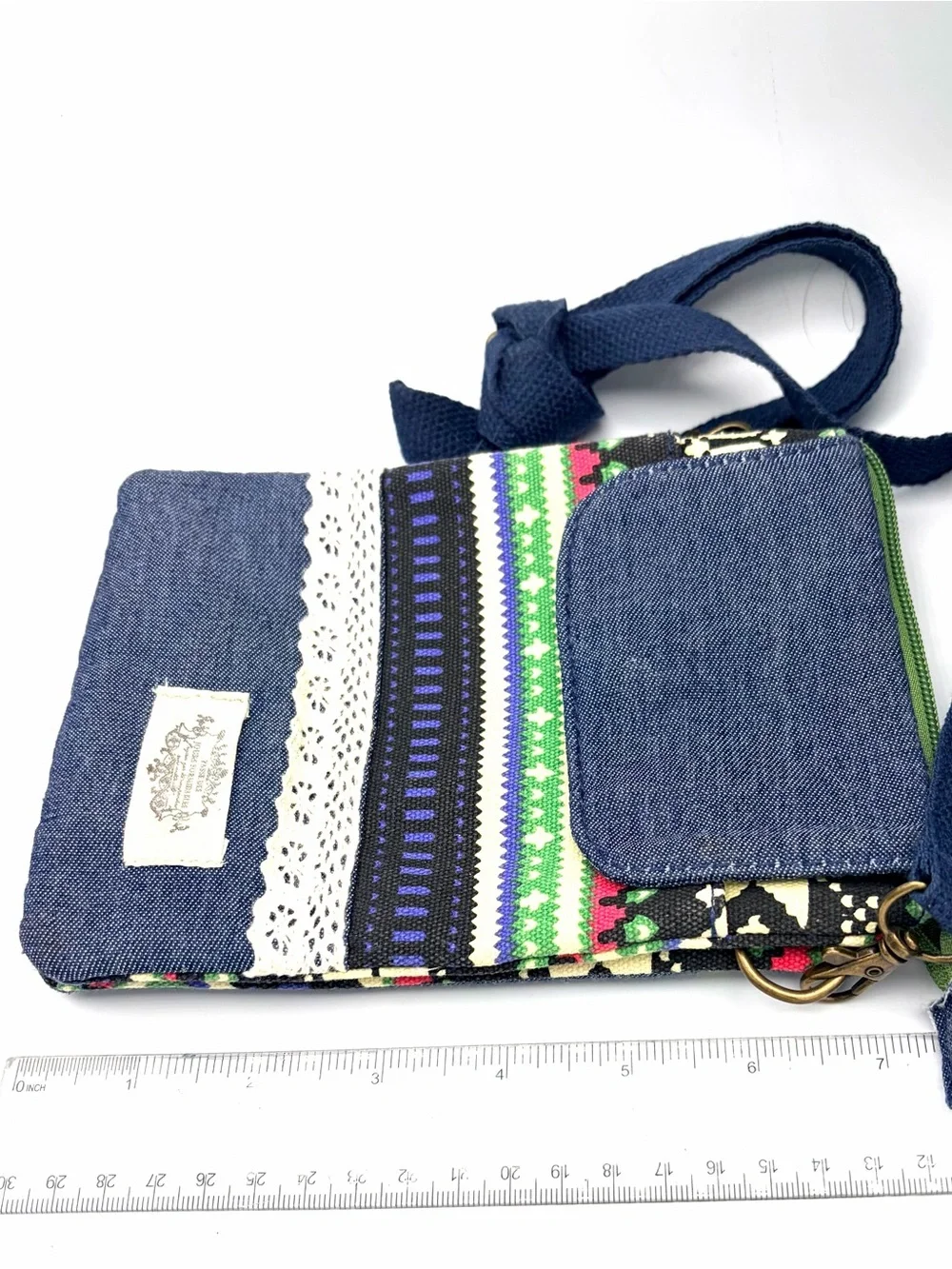 Compact Denim Canvas Crossbody Phone Bag with Bohemian Style Multicolor Trim